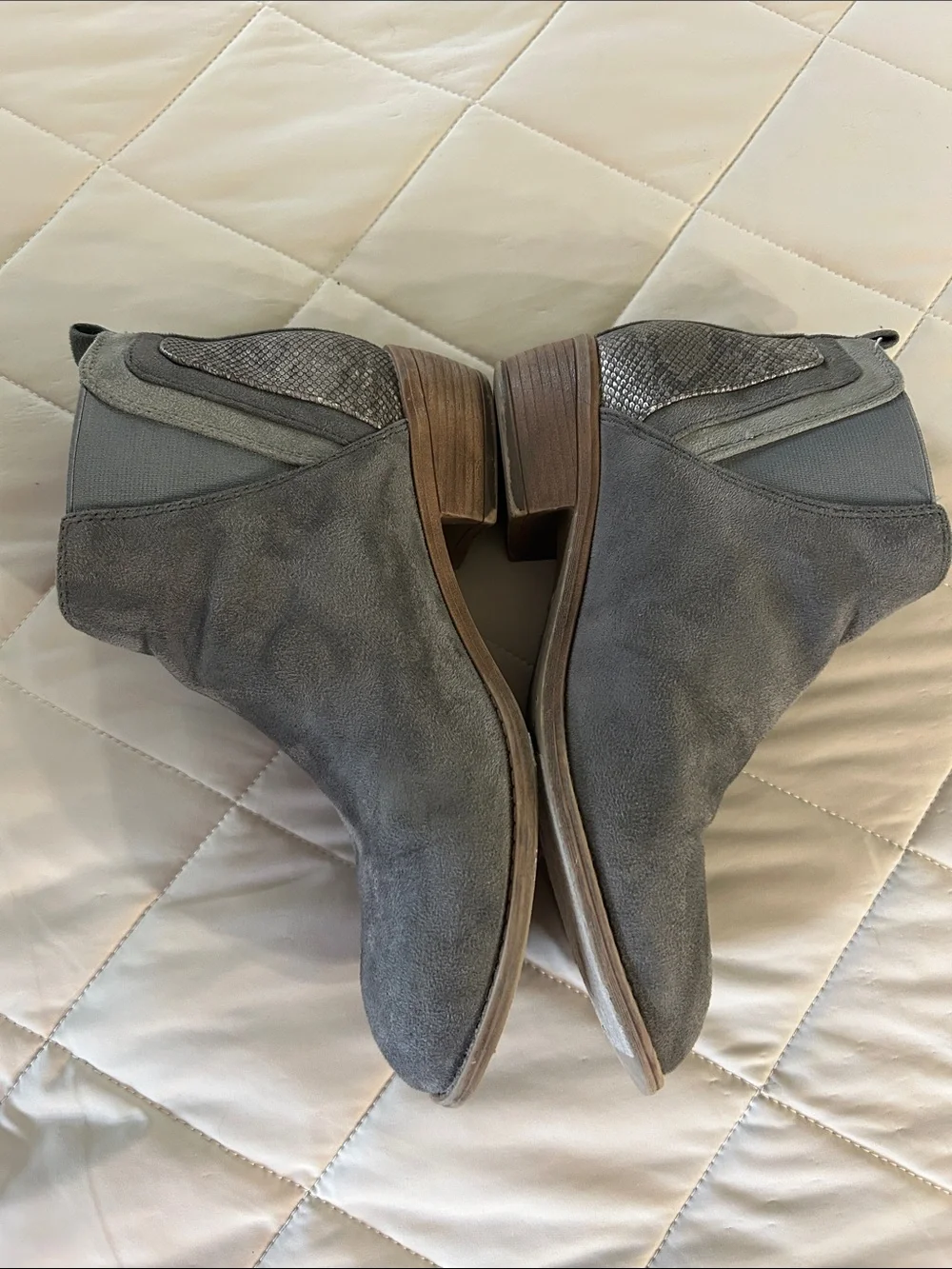 Grey Suede Chelsea Ankle Booties with Textured Heel